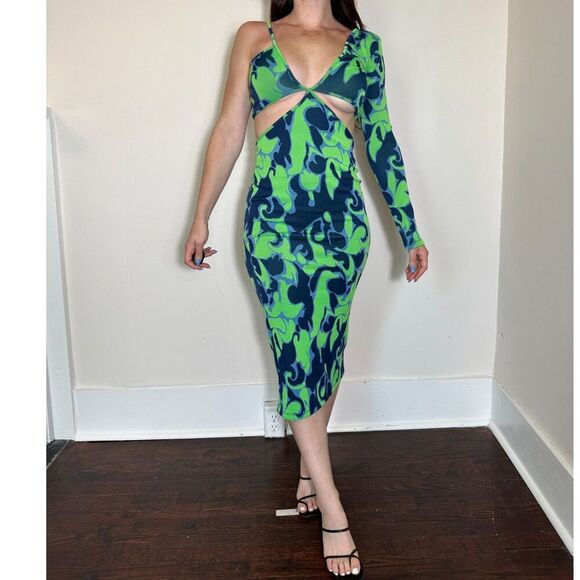 Zara Dresses & Skirts - Zara Cut Out Blue Green Jacquard Dress Size Medium